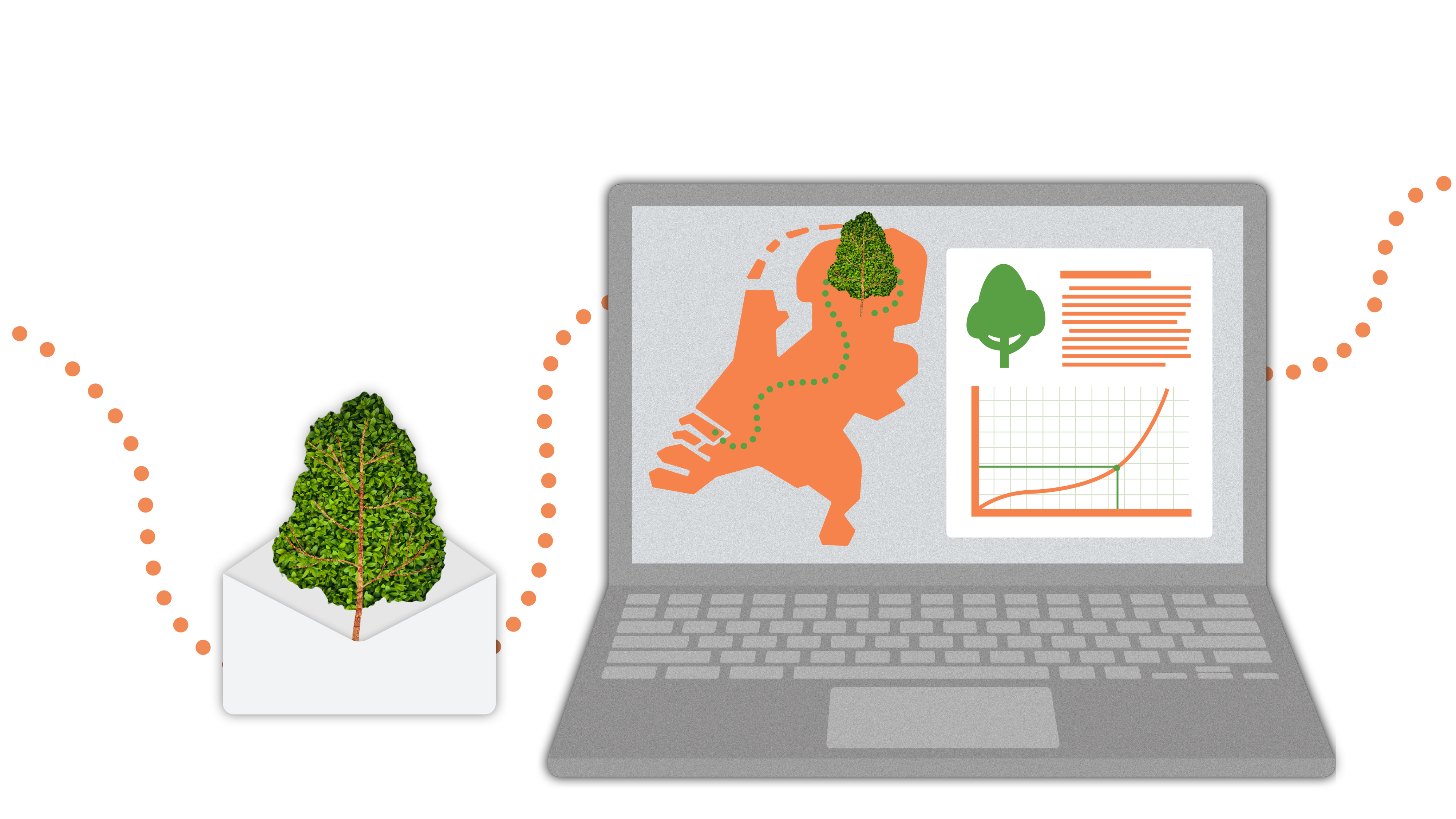 Boom in envelop wordt verbonden met laptop met platform-overzicht van Nederland en groeigrafiek