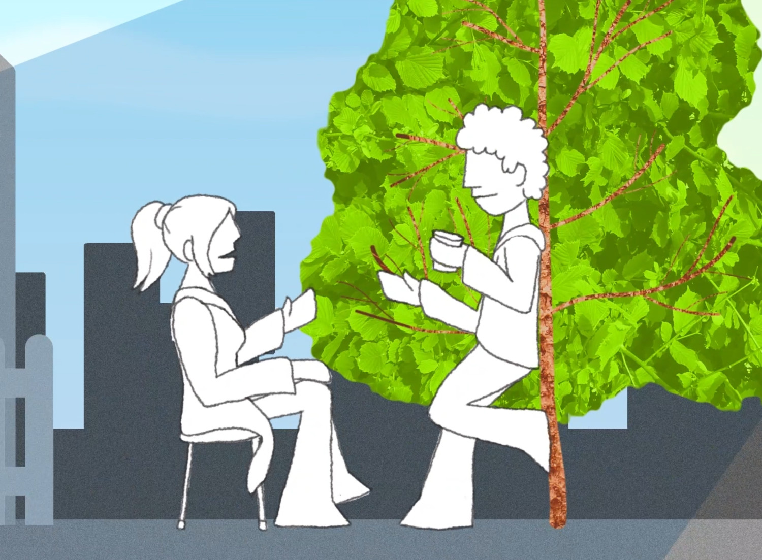 Mensen in gesprek bij een stadsboom — illustratie van waterbeheer in de stad