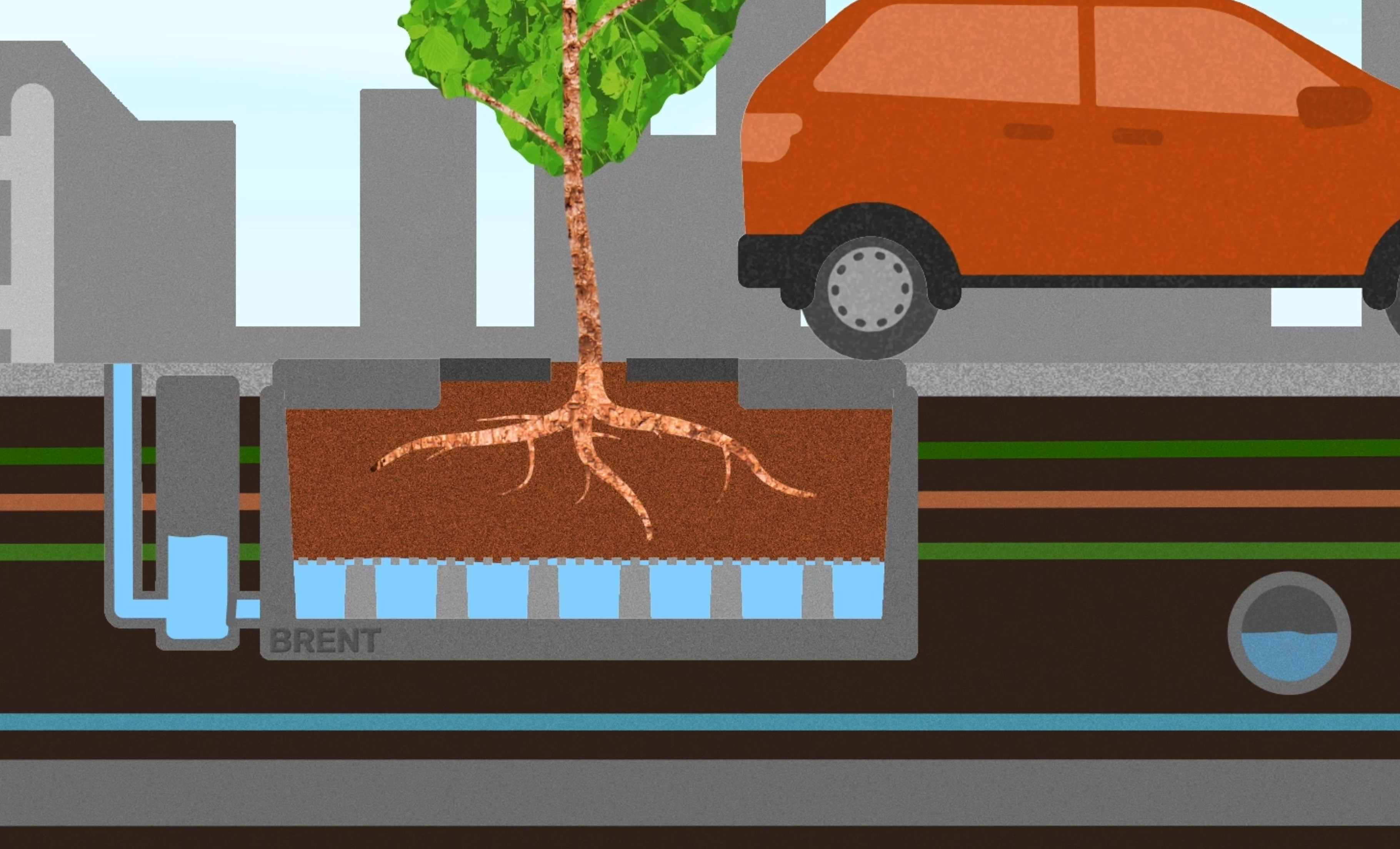 Urban Tree Pit doorsnede met boom, waterreservoir en straat — illustratie van klimaatadaptatie en hittestress