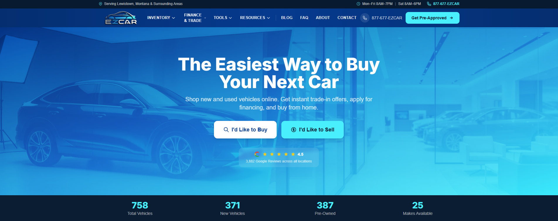 Custom auto dealer inventory platform homepage with hero, search, and live vehicle counts