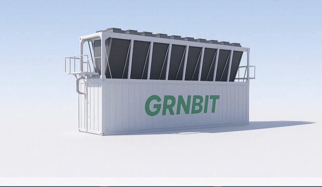 GRNBIT-branded white modular Bitcoin mining container with black cooling banks — Phase 1, Miracle Lake, Texas