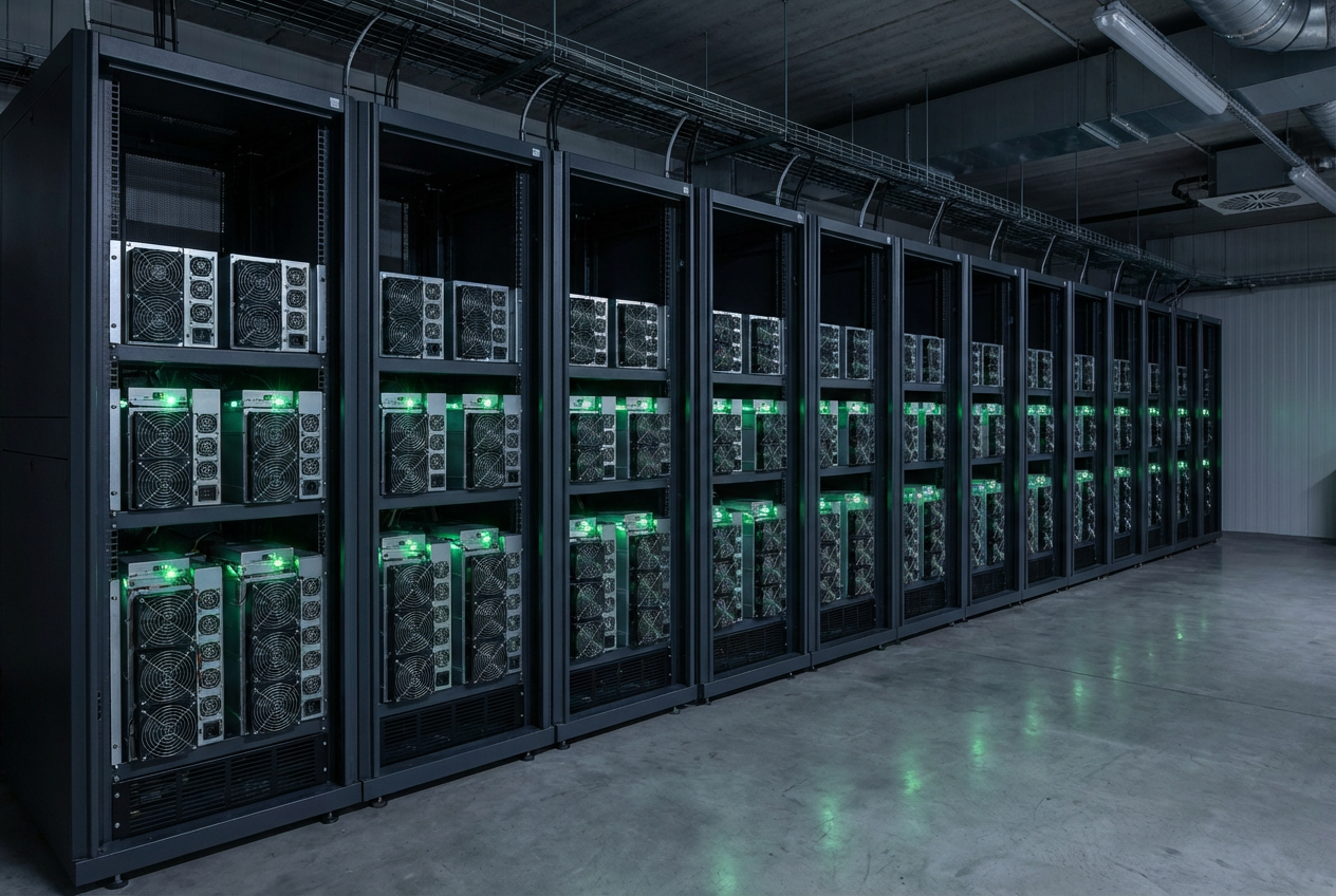 Bitcoin mining hardware racks illuminated with green LEDs