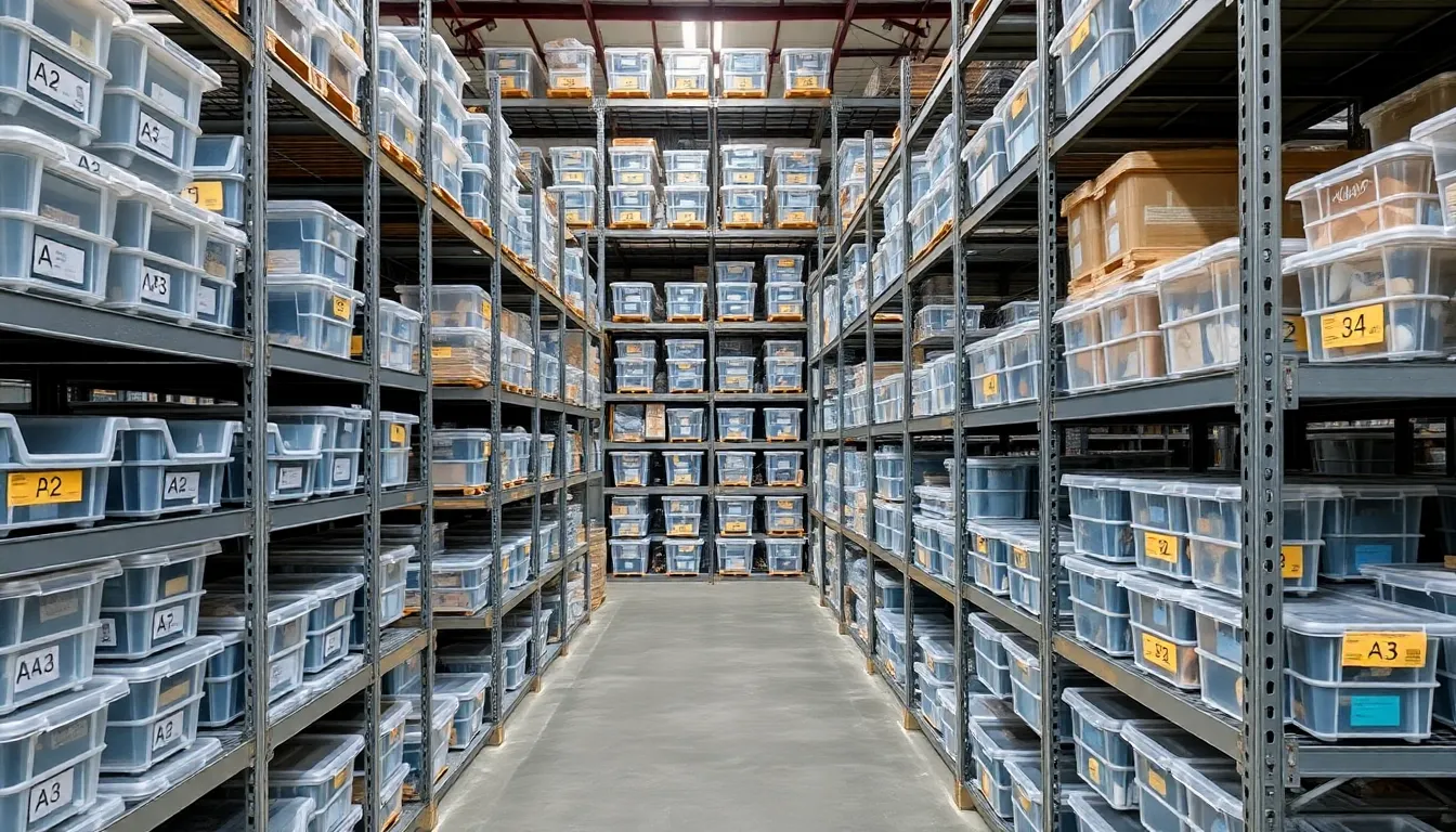 Professional warehouse stockroom with organized inventory storage