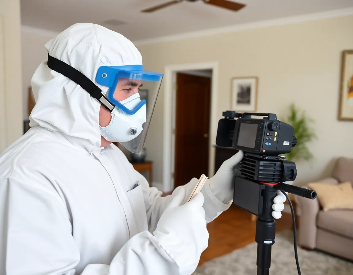 Professional mold testing and indoor air quality inspection with air sampling equipment in Western North Carolina home