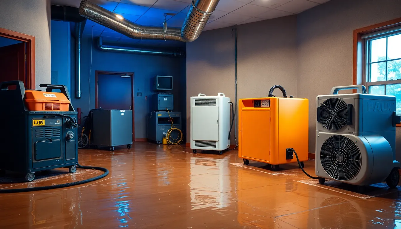 Emergency water damage restoration and flood cleanup equipment with professional technicians in Asheville NC