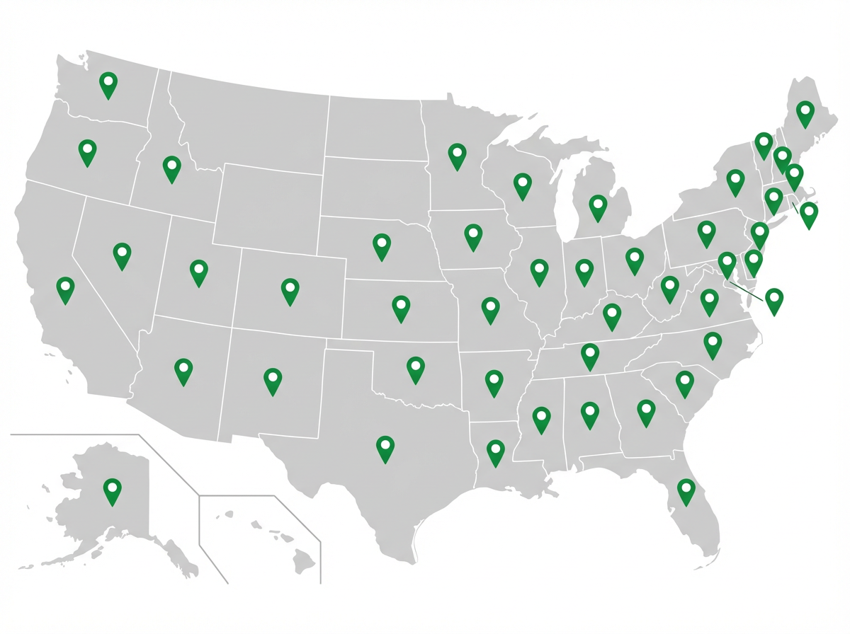 Nationwide presence map showing 2,800+ active clients across 38 states