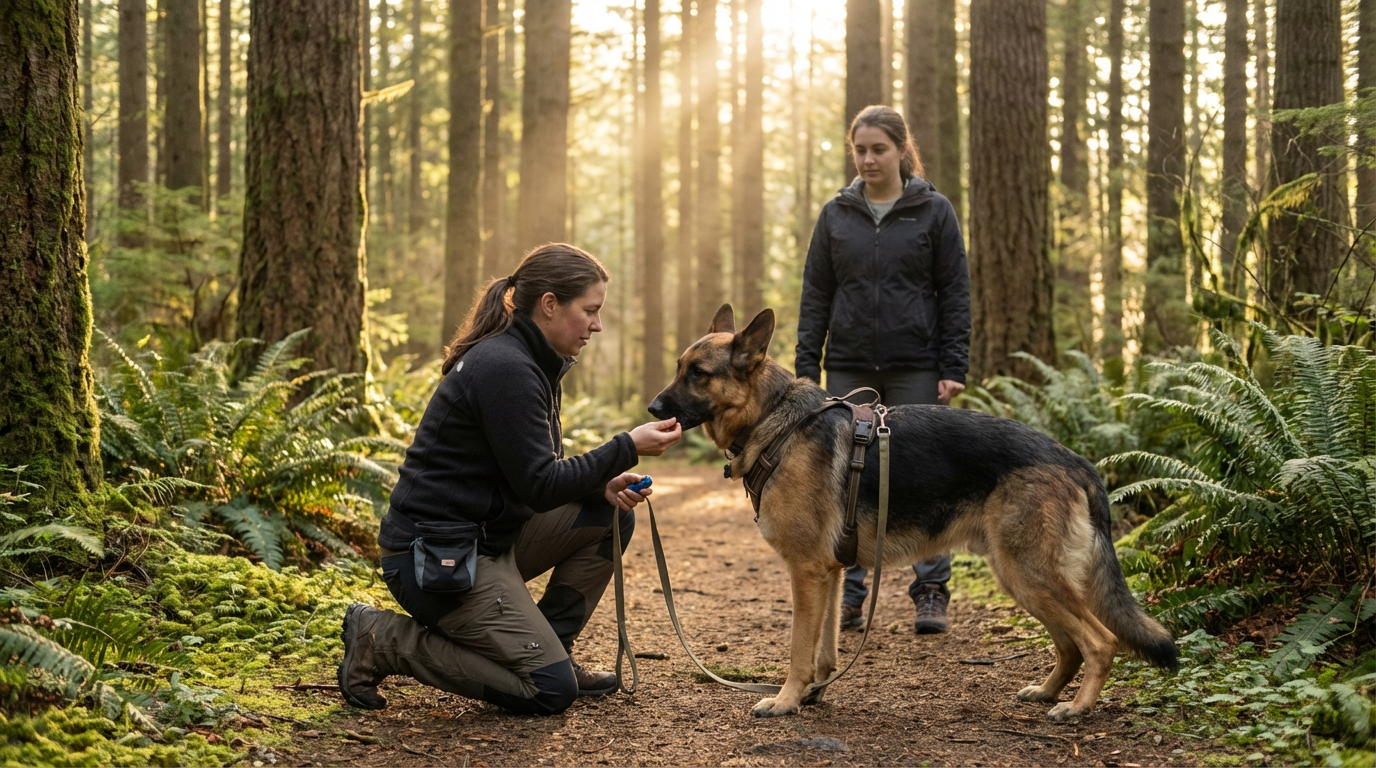 Professional dog trainer Shannon working with a reactive dog in Nanaimo BC