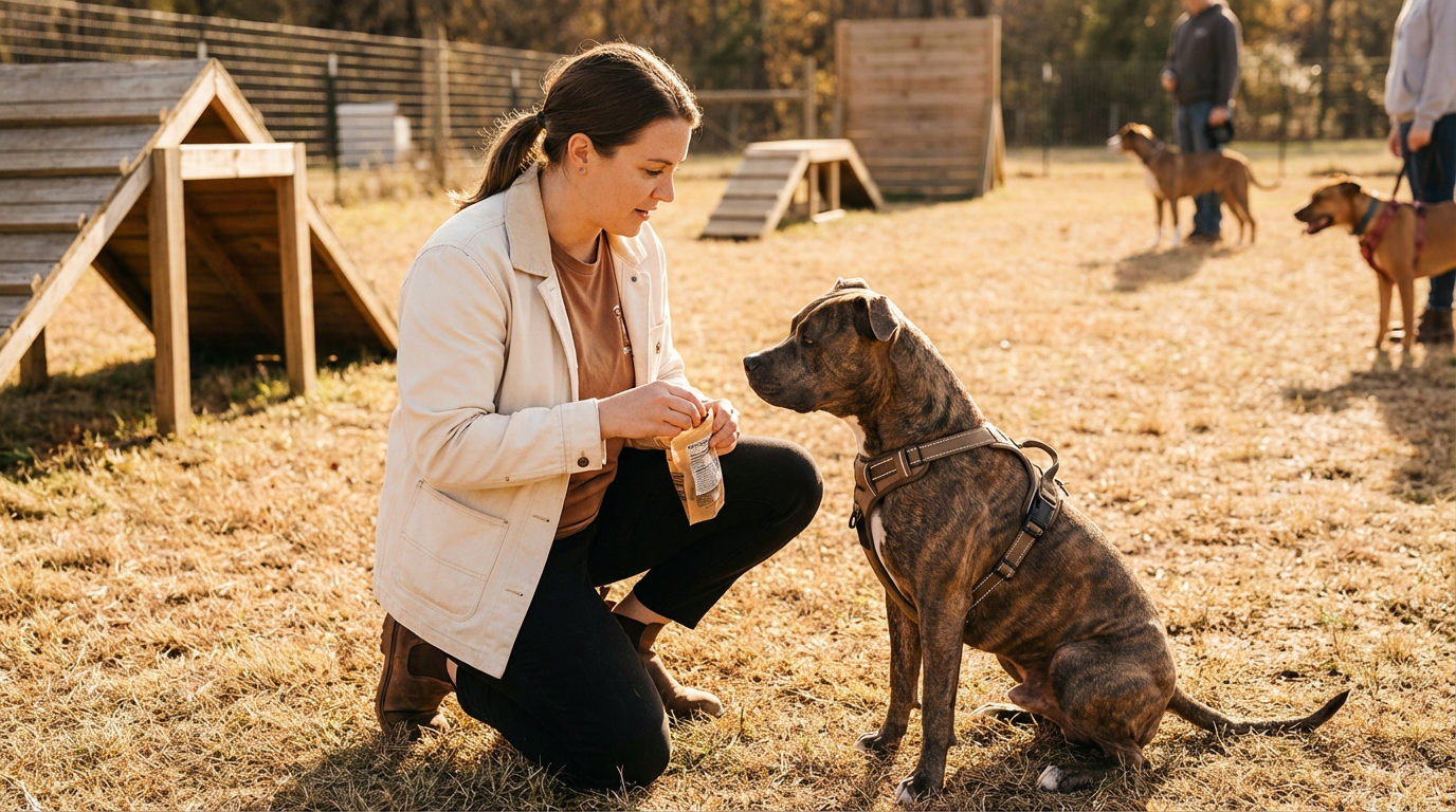 Professional reactive dog training session with bully breed using positive reinforcement methods in Nanaimo