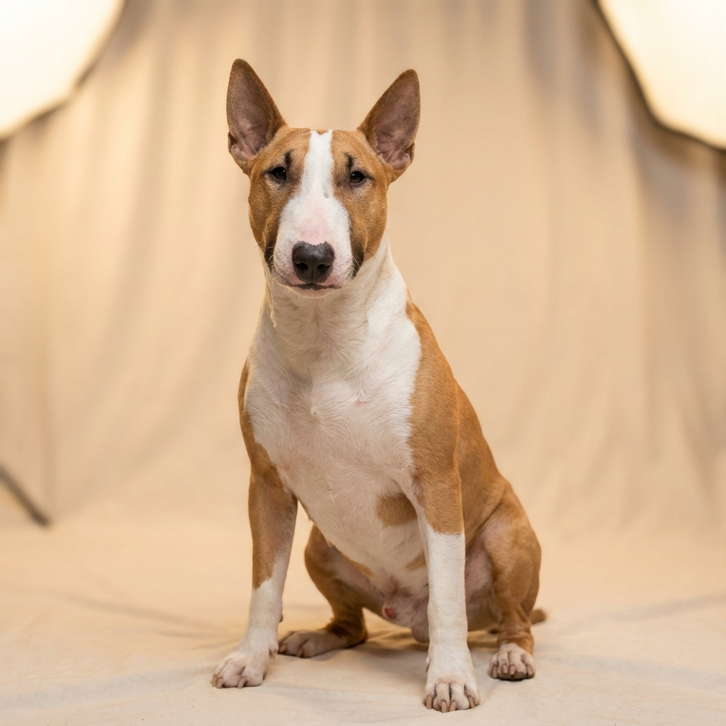 Confident calm Bull Terrier portrait representing successful reactive dog training outcomes