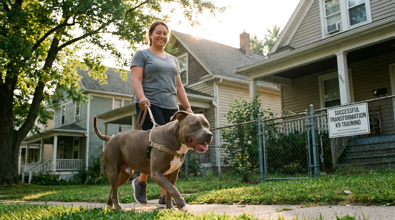 Happy owner walking calmly with transformed bully breed dog