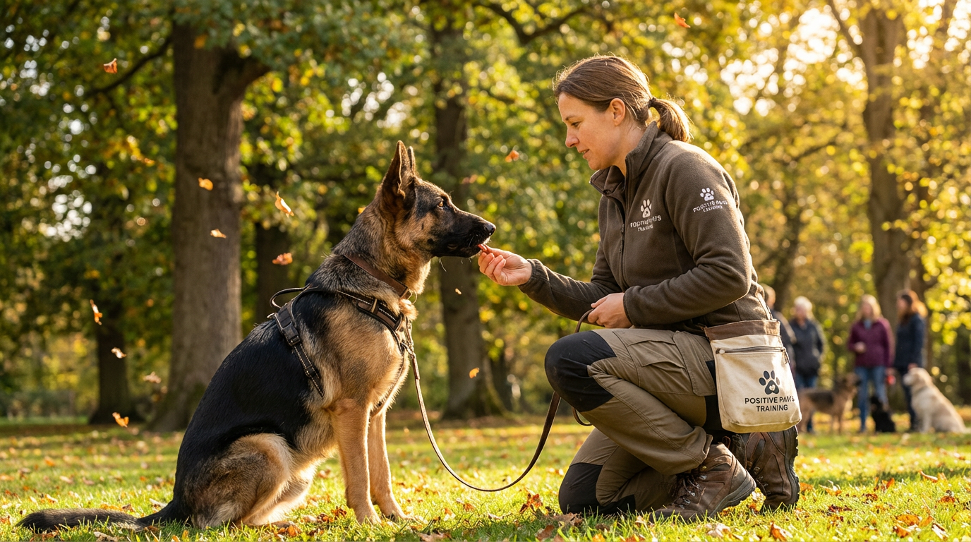 Dog training session with puppy learning basic commands