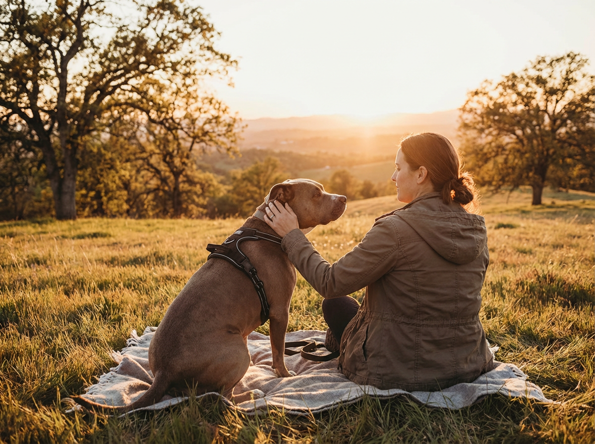 Trainer with a calm dog after training