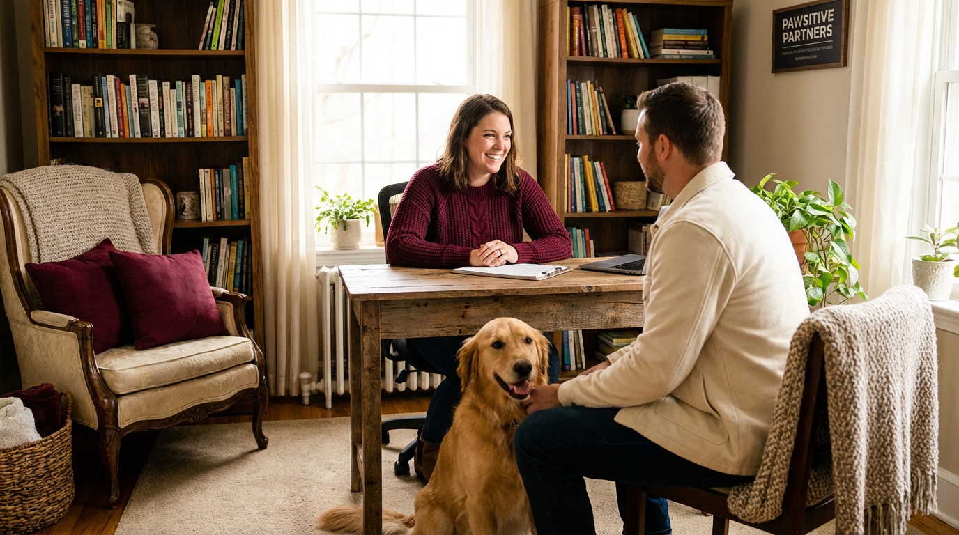 Dog trainer consultation with happy dog owner