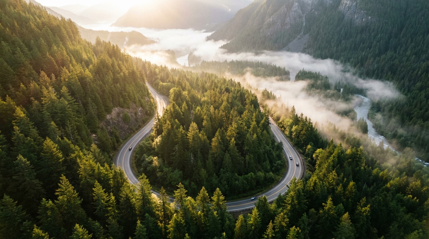 Scenic mountain highway through forest