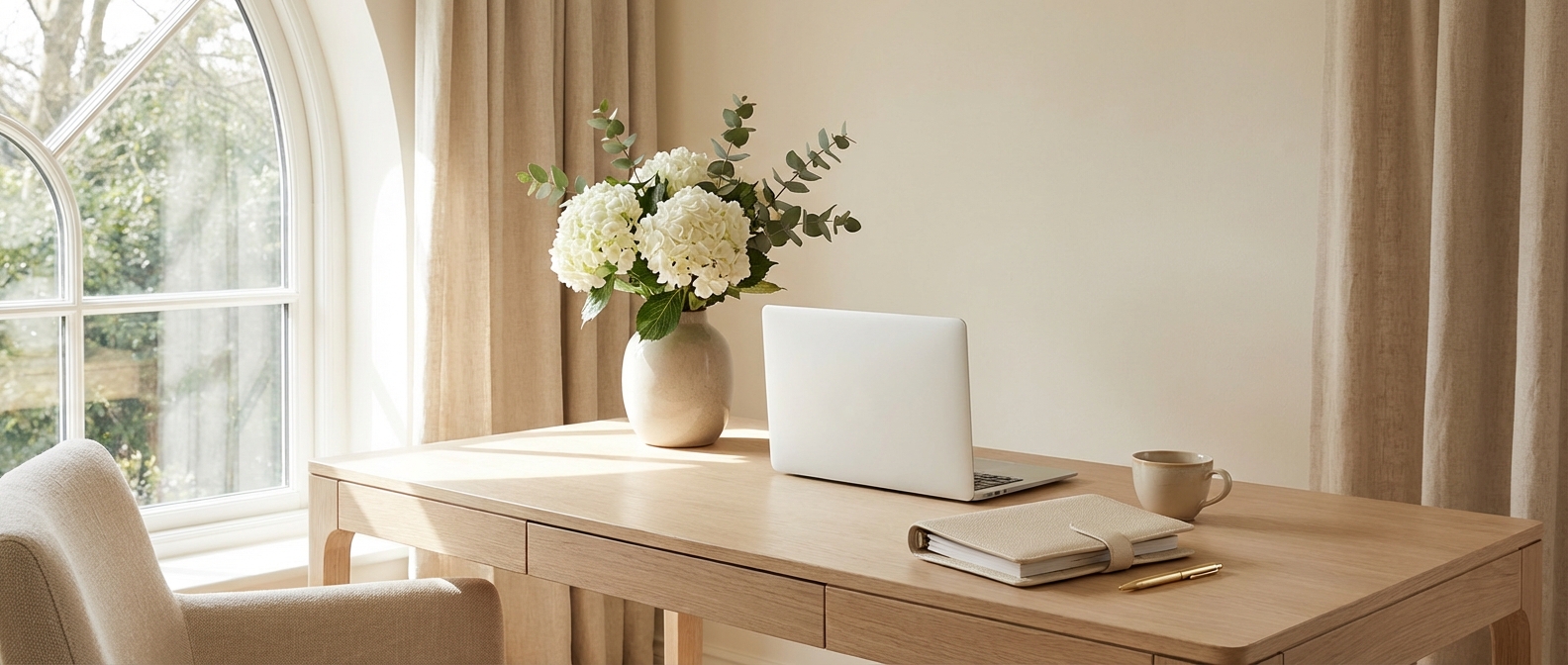 A calm, considered executive workspace