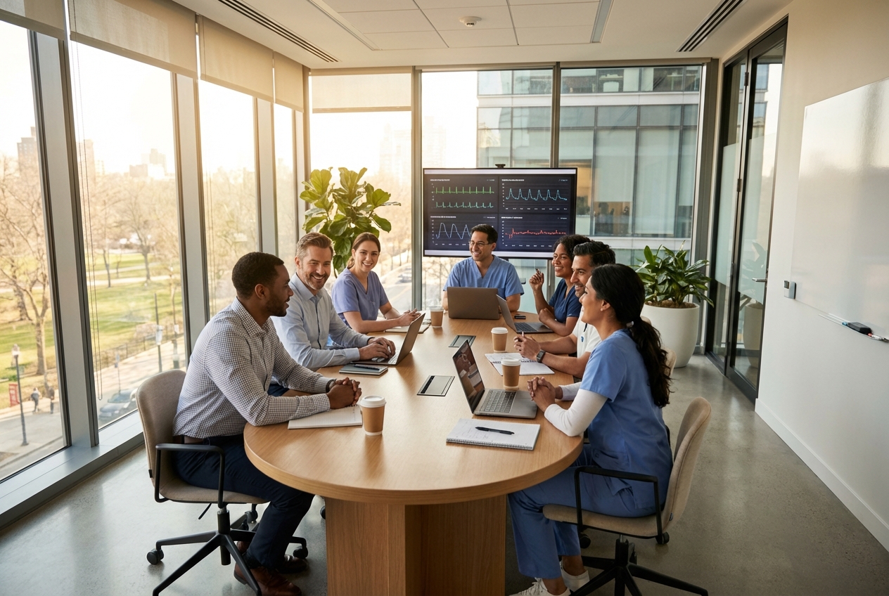 Healthcare team collaborating in modern office