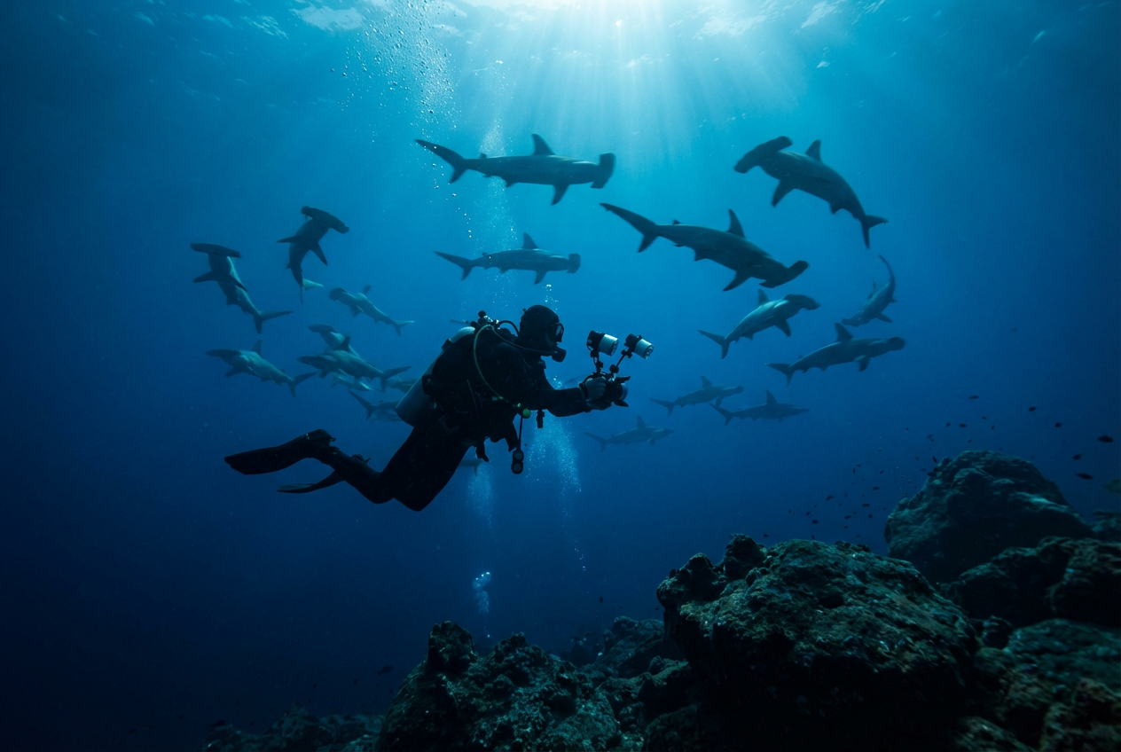 Diver in the deep blue waters of Galápagos