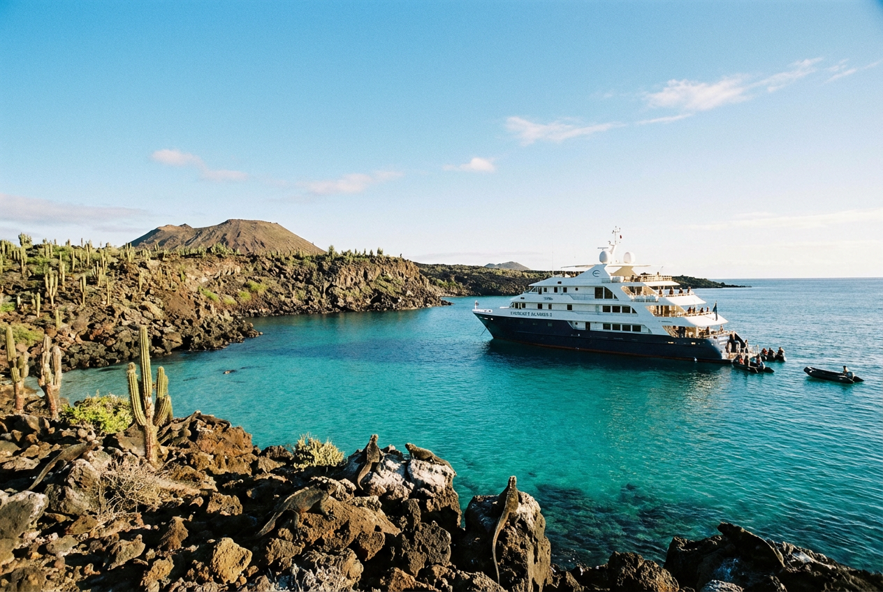 Yacht anchored in a quiet Galápagos bay