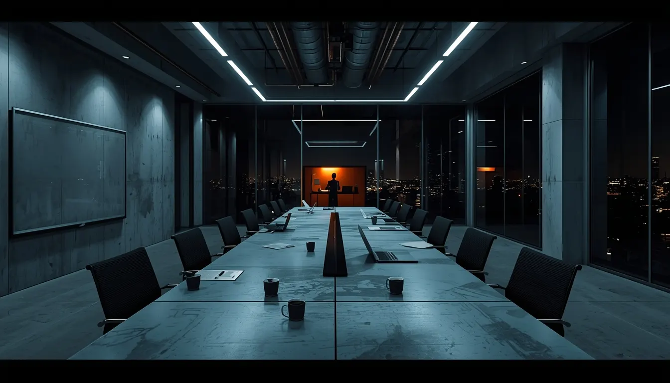 Dark boardroom with city lights