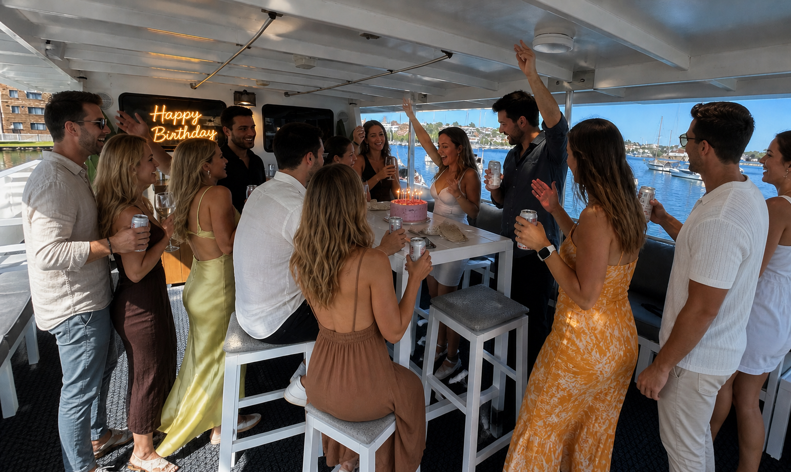 Magic catamaran interior full of guests celebrating a birthday