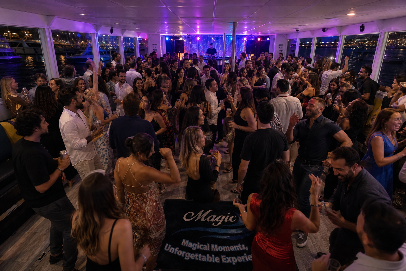 Packed dance floor on Magic catamaran at night with DJ, purple lights, Sydney marina behind, guests dancing around the Magic logo banner