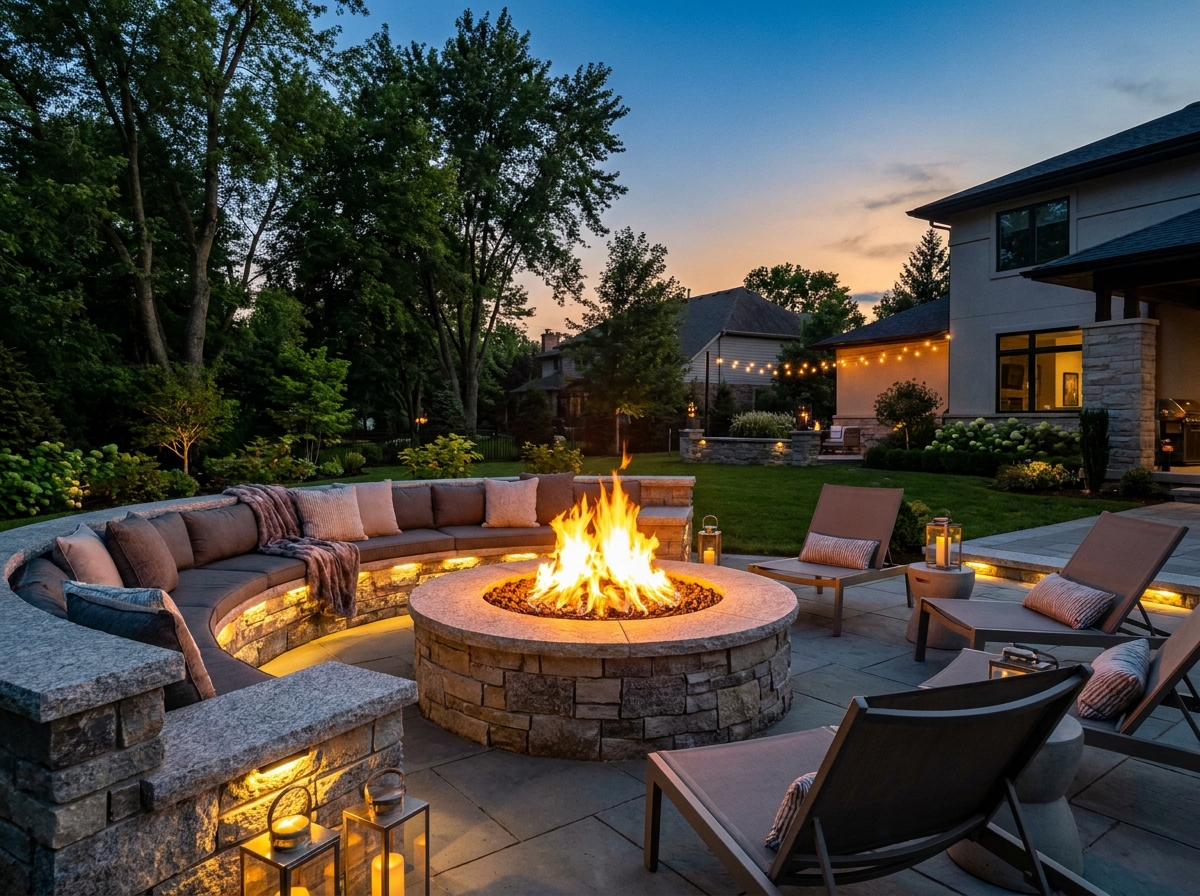 Outdoor fire pit installation with seating area
