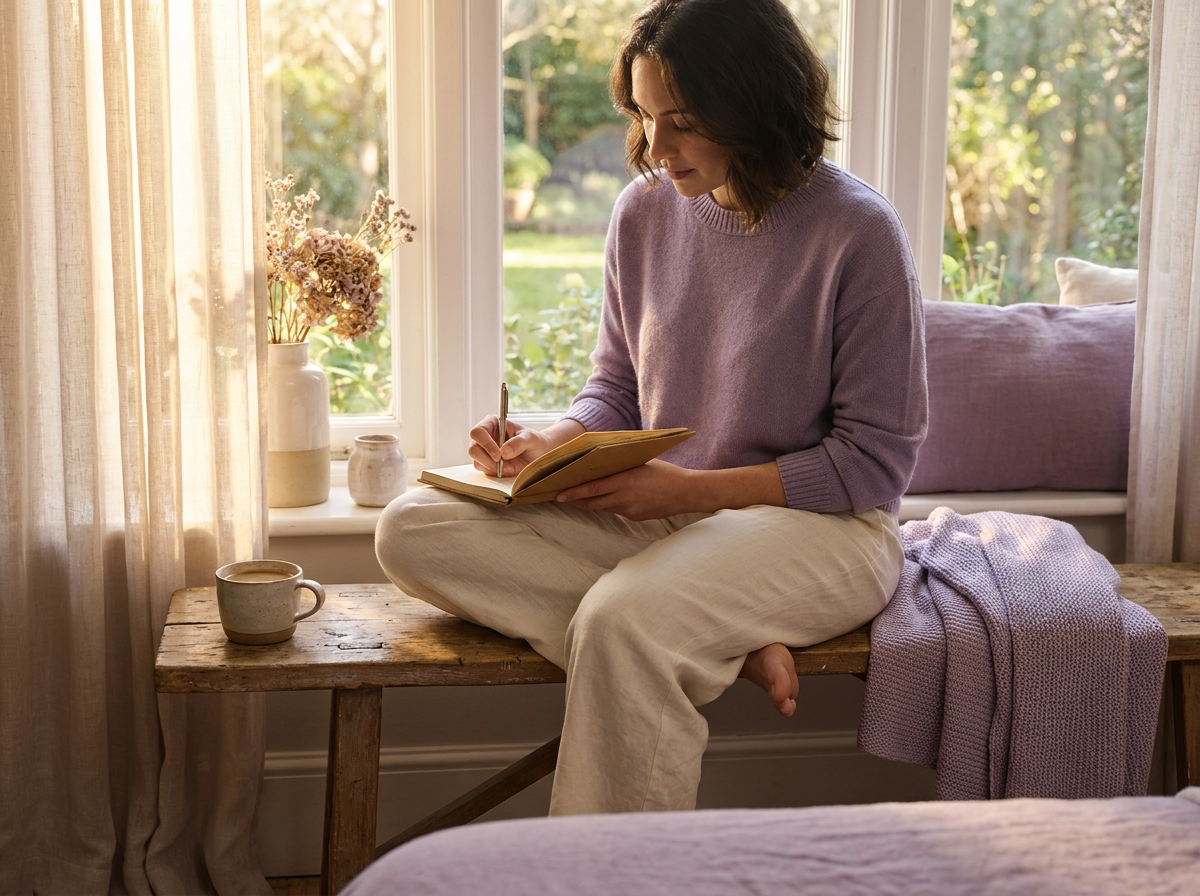 A calm person journaling with coffee by a sunlit window