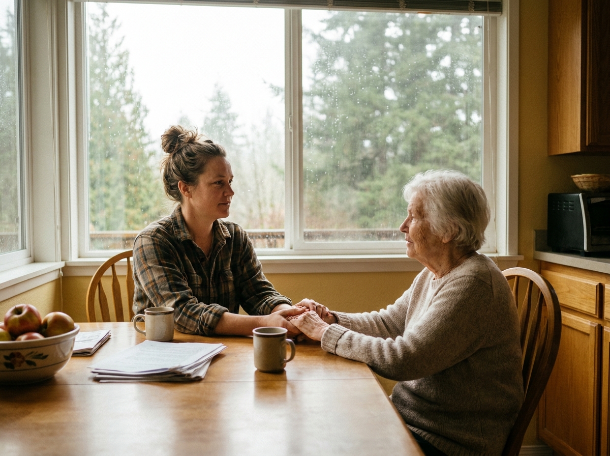 adult daughter sitting with her elderly mother at home in King County, WA