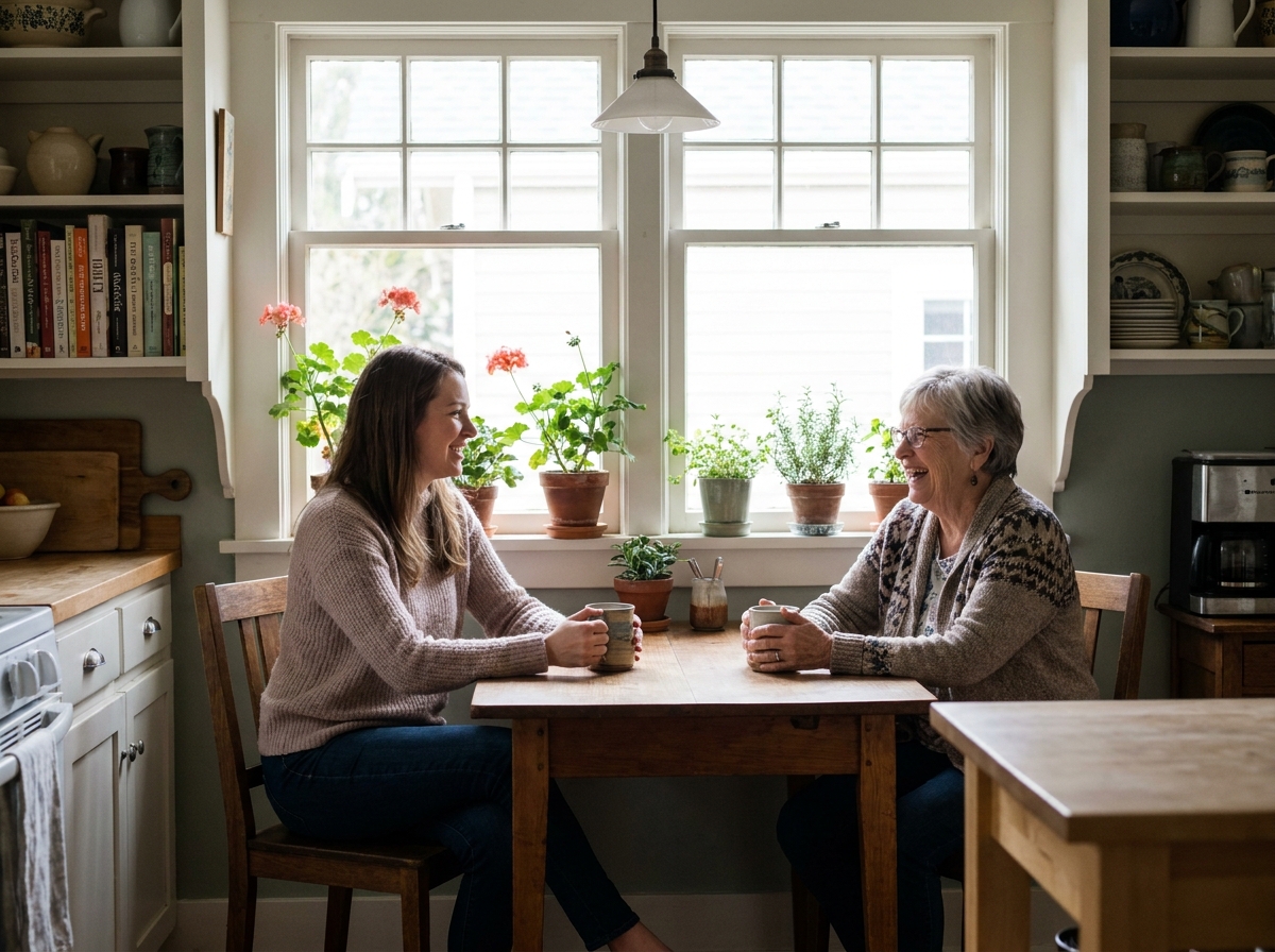 caregiver and an older woman talking together at her kitchen table in a Seattle home