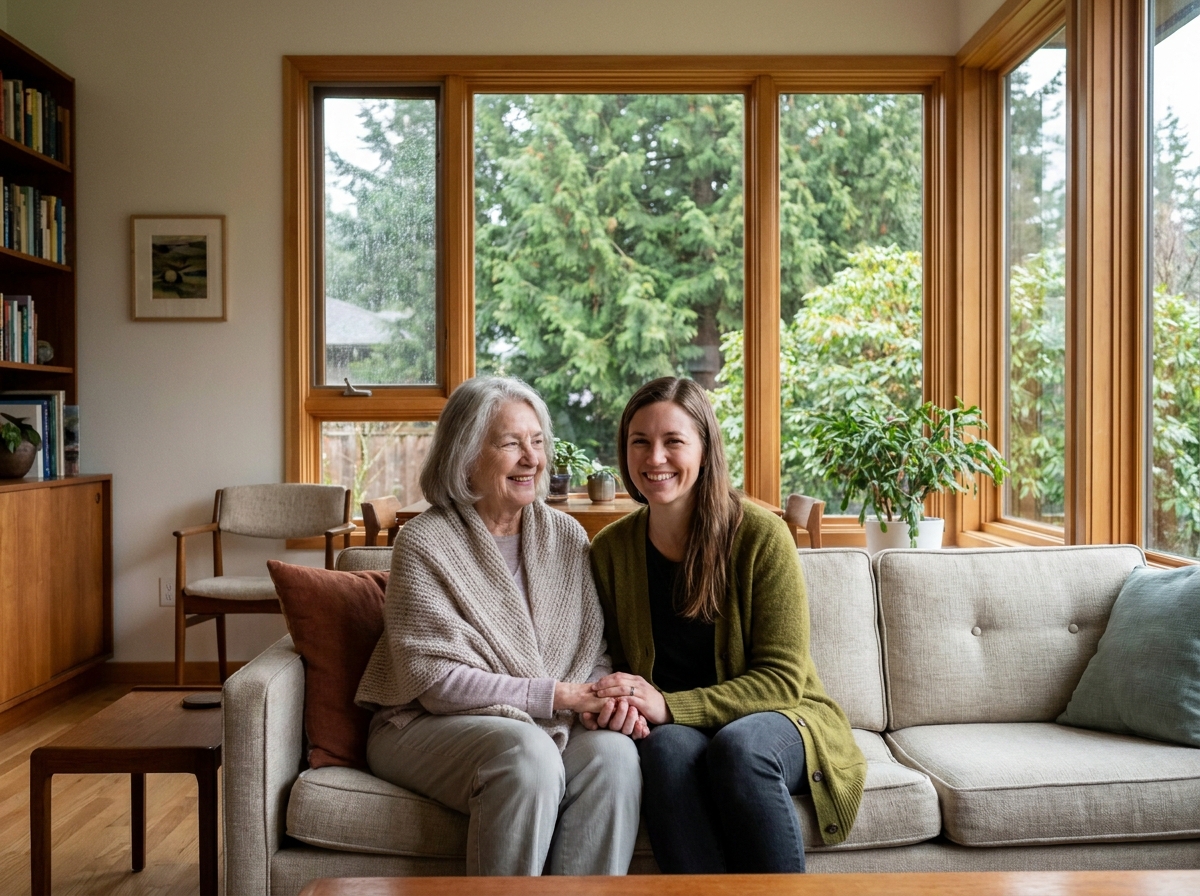 caregiver sitting and talking with an older woman in her bright Bellevue living room