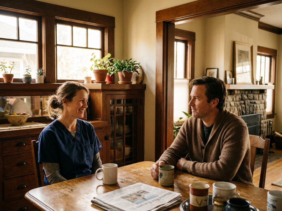 caregiver and older man talking over coffee at the kitchen table in a Tacoma home