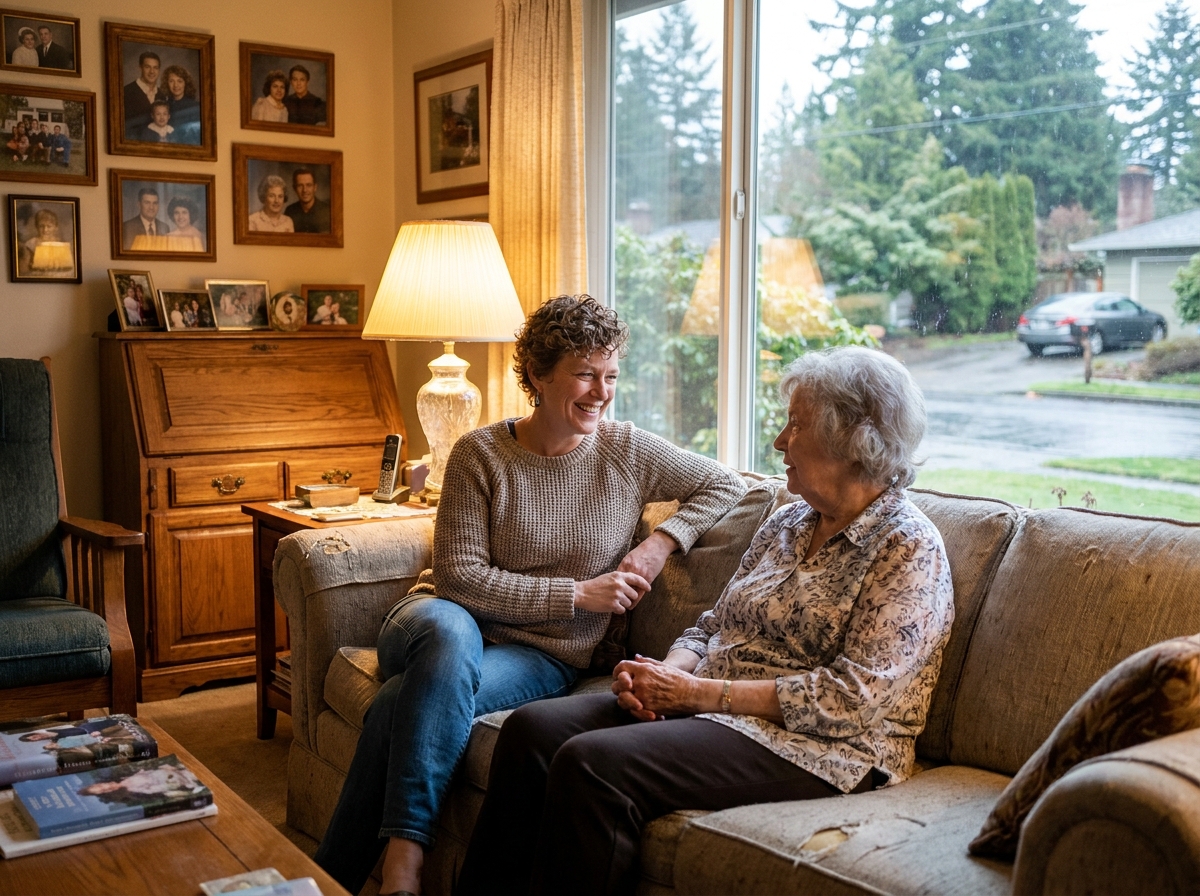 caregiver sitting and talking with an older woman in the living room of her Lakewood, WA home
