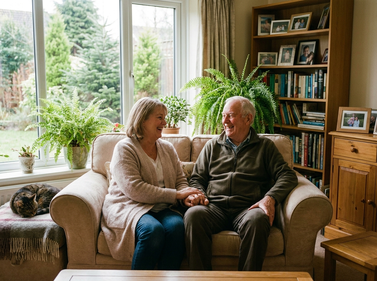 caregiver sitting and talking with an older adult in the living room of her Renton, WA home
