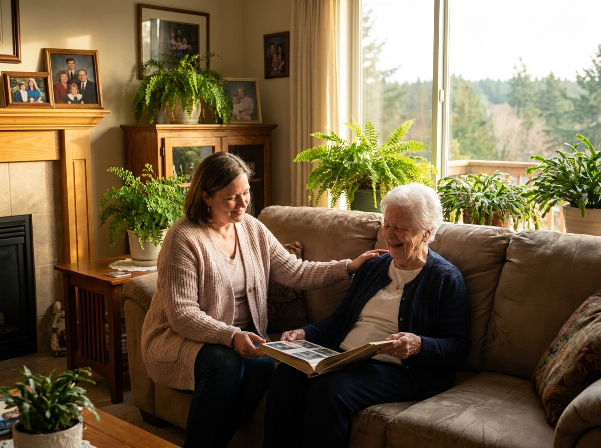 caregiver sitting and visiting with an older woman in the living room of her Kent, WA home
