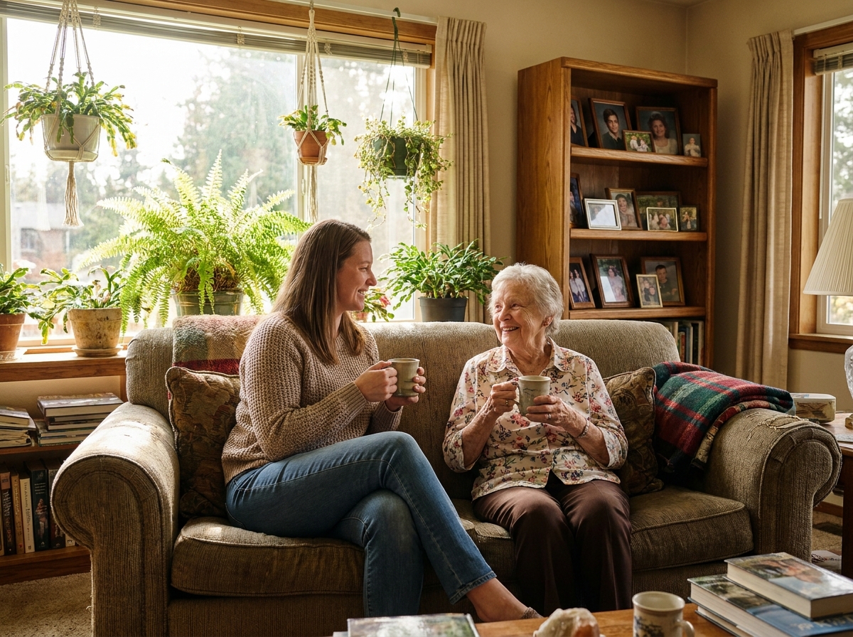 caregiver sitting and talking with an older woman in the living room of her Federal Way, WA home