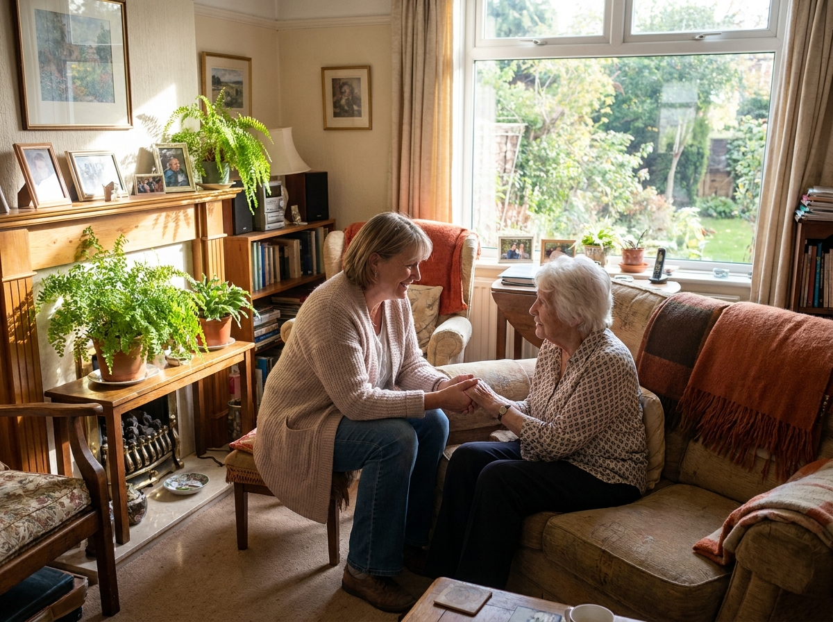 caregiver sitting and visiting with an older woman in the living room of her Puyallup, WA home