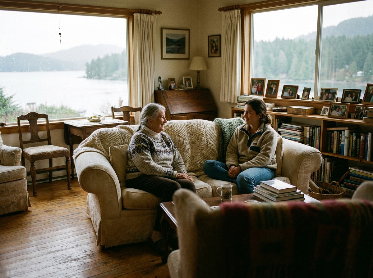 caregiver sitting and talking with an older woman in the bright living room of her Gig Harbor, WA home