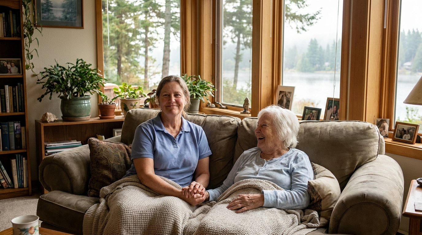 caregiver sitting and talking with an older woman in her bright Kirkland living room