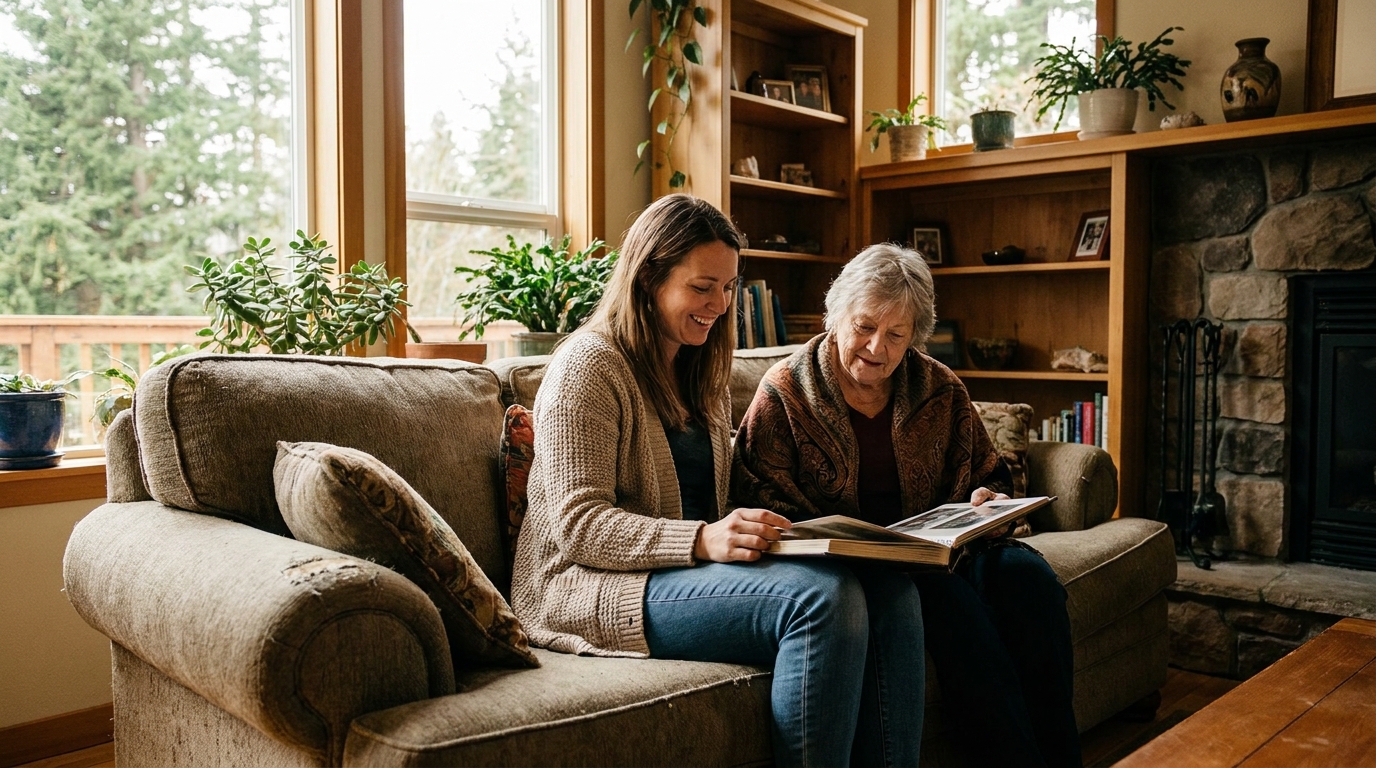 caregiver sitting with an older woman looking through a photo album in her sunny Redmond living room