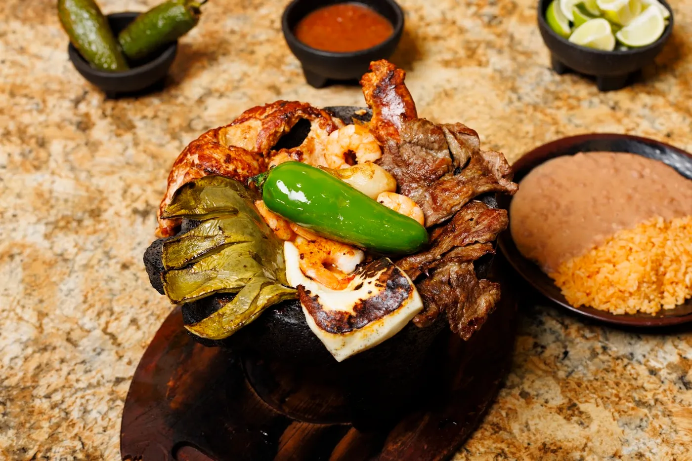 Molcajete with beef, chicken, chorizo and shrimp at Chapala Express in San Bernardino