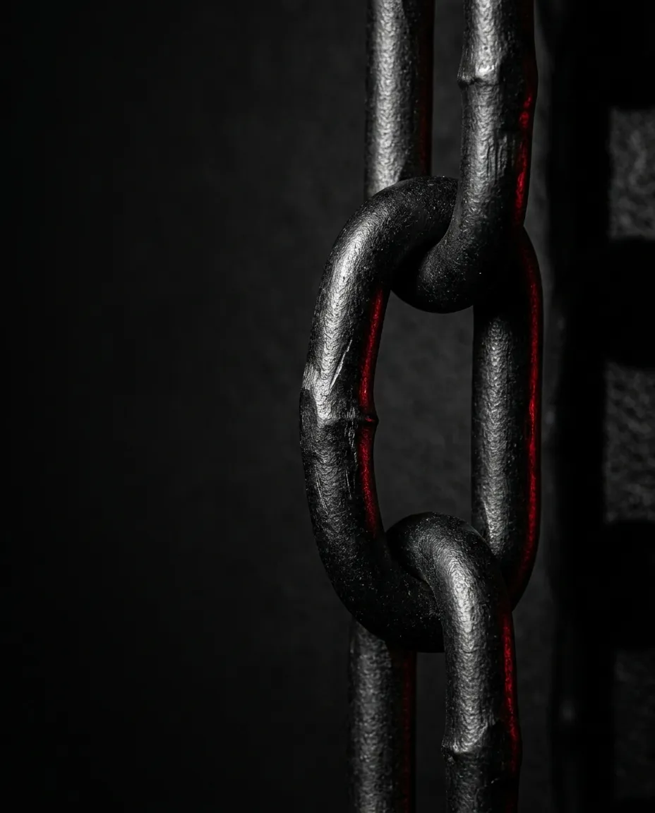 Close view of one chain link carrying visible pressure while surrounding links hold
