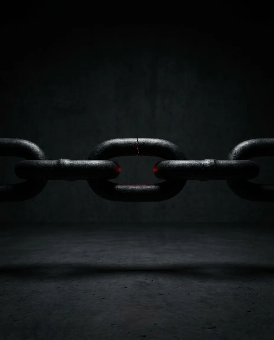 Heavy black industrial chain under tension with one central link beginning to weaken