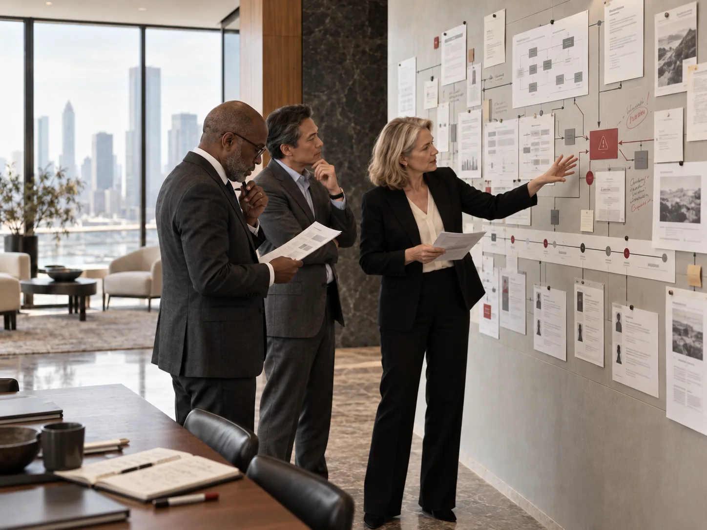 Senior leaders reviewing overlapping organizational investments and performance documents